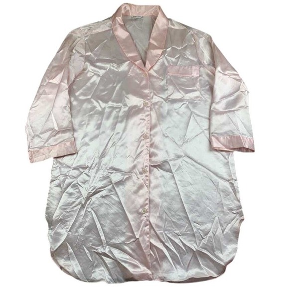 Vintage Laura Adams Night Shirt Top Women L Pink Relaxed Solid Button up Pajama